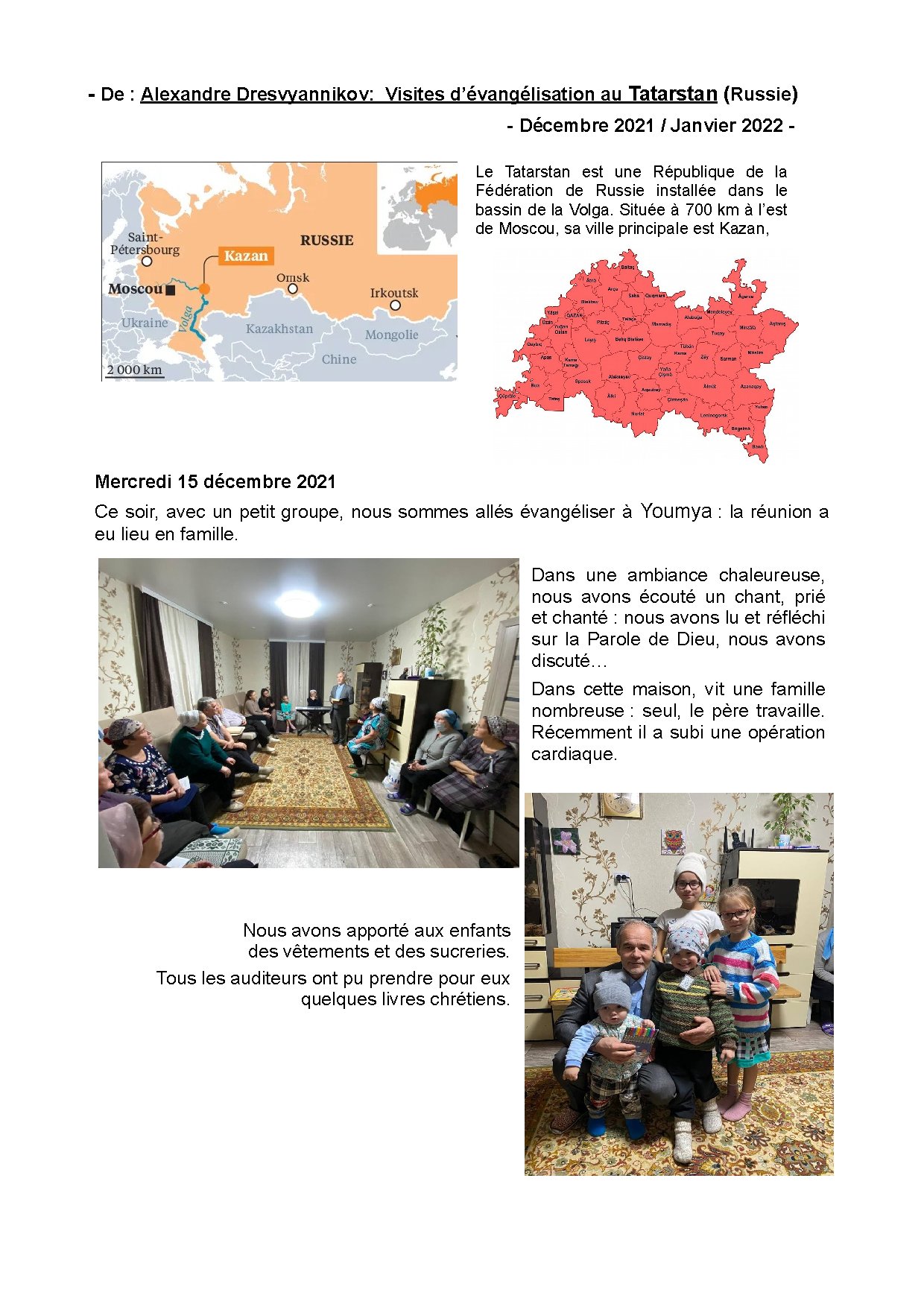 Couverture de N° 15 Lettre de Nouvelles A. Dresvyannikov Visites devangelisation Tatarstan Russie 22 01 2022