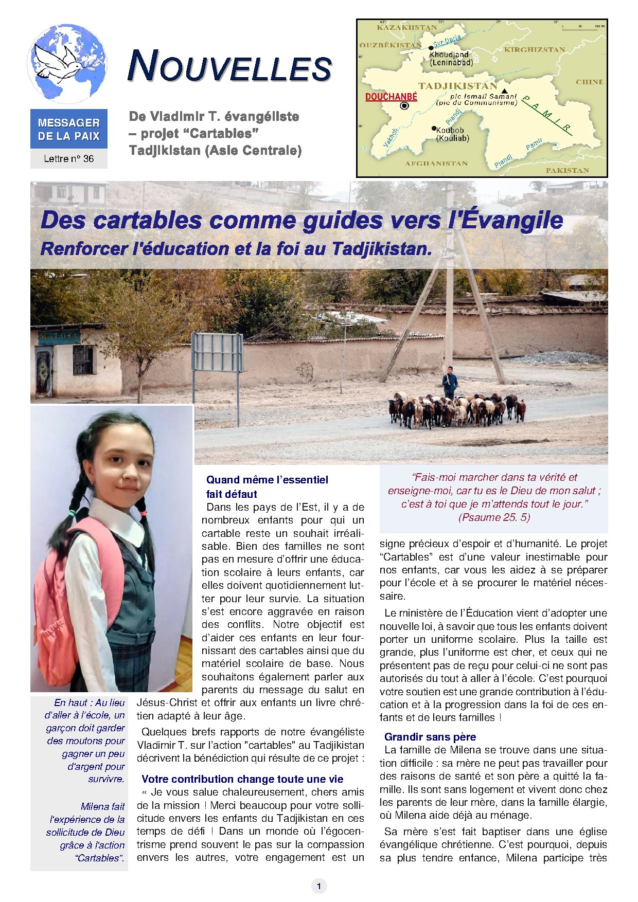 Couverture de N° 36 Lettre de Nouvelles de Vladimir T. Des cartables comme guide vers lEvangile Tadjikistan 2024